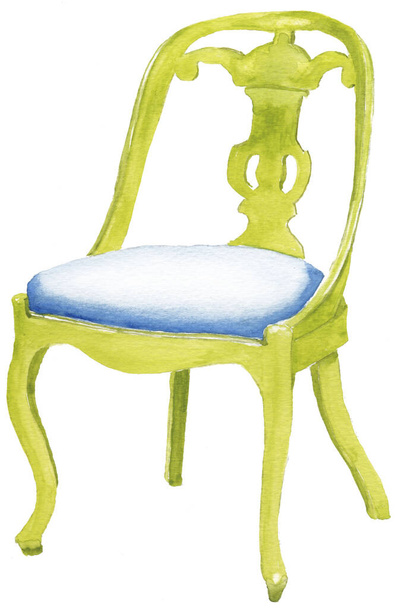 Зеленый стул с синим сиденьем, акварель
 - Фото, изображение