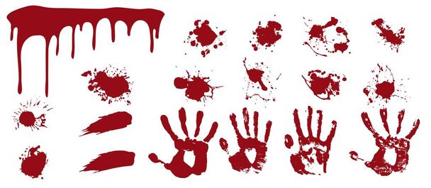 Bloody spray and handprints. Red streaks and smears with human prints spots of death. - Vector, Image