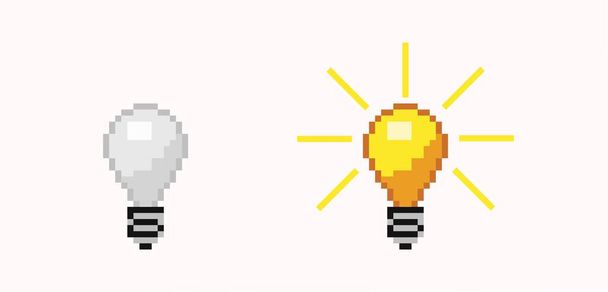 Éteint et allumé ampoule pixel. Lampe à lumière libre d'énergie orange et blanche lumineuse. - Vecteur, image