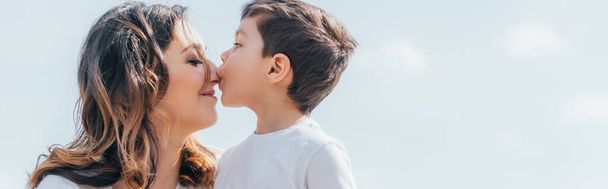 horizontal cosecha de lindo chico besar nariz en feliz madre fuera
  - Foto, imagen