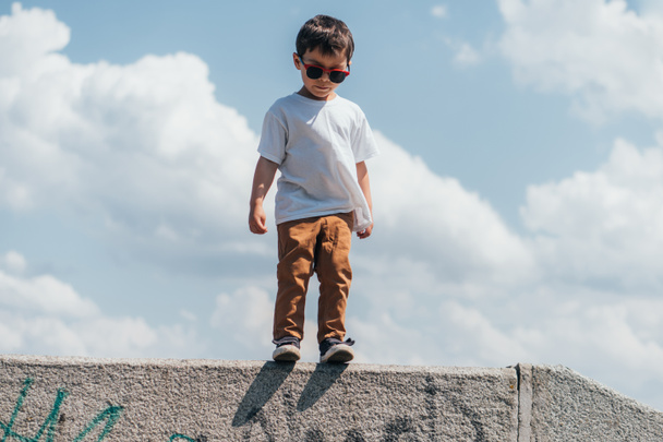 stylish kid in sunglasses standing against sky with clouds  - Fotoğraf, Görsel