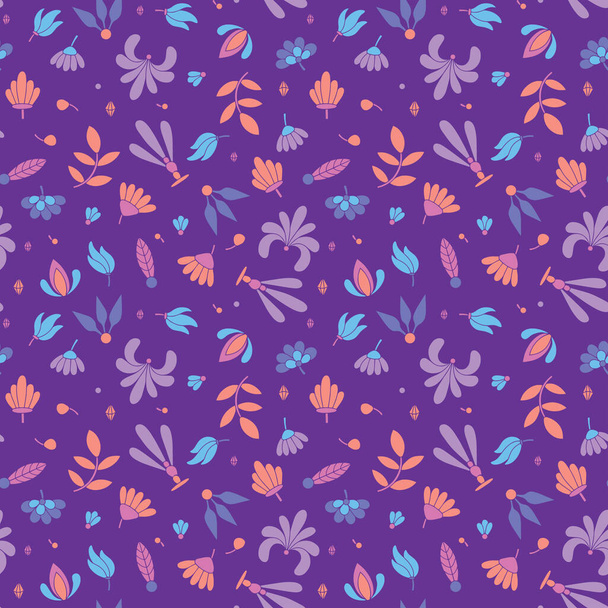 Modern colored seamless violet pattern with flowers and geometric elements. Purple, orange, blue and pink colors - Wektor, obraz