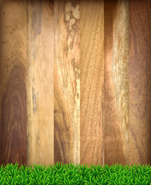Fa deszkák zöld fűvel. - Vektor, kép