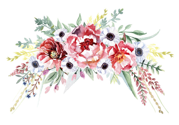 白い背景に隔離された水彩の花の花束。グリーティングカード、結婚式の招待カードとして使用できます。, - 写真・画像