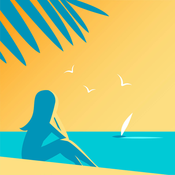 Tytön siluetti ja palmuja rantalomakohteessa. Istuu hiekassa ja katsoo aurinkoista auringonlaskua. Kesälomat ja matkailu. Vektoriesimerkki. - Vektori, kuva