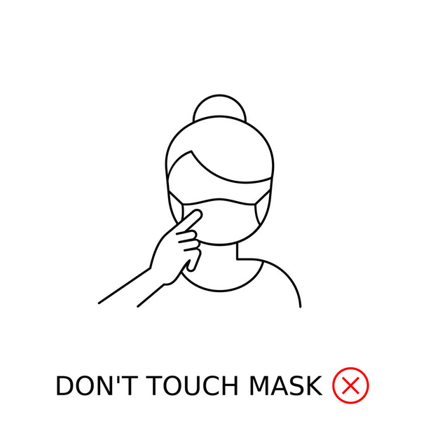 Kobieta dotyka palcem maski twarzy. Nie dotykaj znaku maski. Ikona linii. Zalecenia dotyczące bezpieczeństwa stosowania banerów lub infografik w czasie epidemii Covid-19. Czarny zarys na białym tle. Ilustracja wektora, płaskie - Wektor, obraz