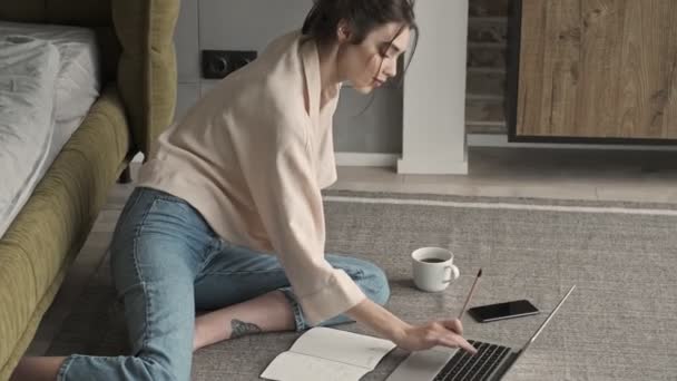Jovem positiva mulher satisfeita dentro de casa usando computador portátil
 - Filmagem, Vídeo