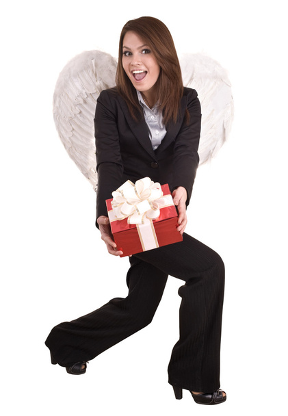 επιχειρηματικό άγγελο γυναίκα με Χριστούγεννα κόκκινο κουτί. - Φωτογραφία, εικόνα