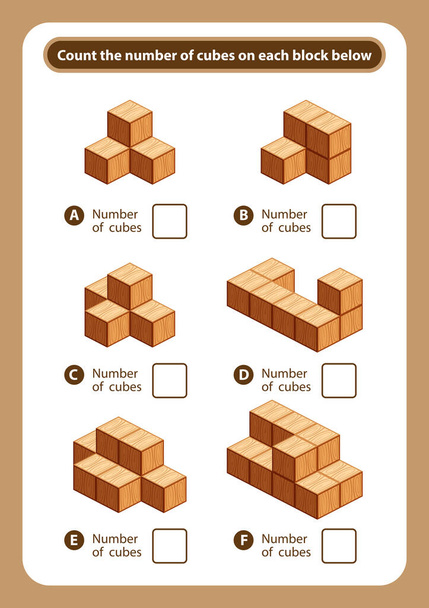 artículos hoja contar el número de cubos en cada bloque, niños hoja de actividad para contar el número de cubos 3d, lógica contar para niños preescolares, hoja de trabajo educativa un juego matemático para imprimir
 - Vector, Imagen