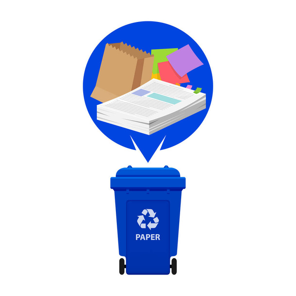 basura de papel y reciclaje azul contenedor de plástico aislado sobre fondo blanco, contenedor de plástico y basura de reciclaje de papel, basura de papel de desecho, ilustración clip art bin, basura 3r
 - Vector, imagen