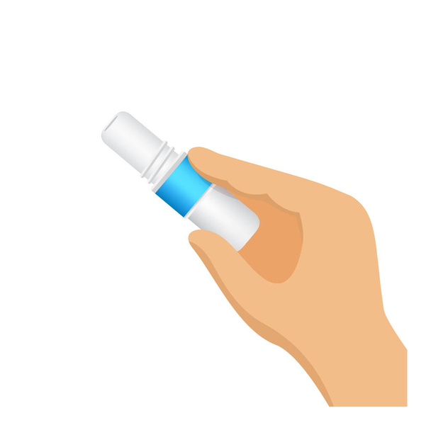 Inhalator in der Hand für Geste des Einatmens des Geruchs, Clip-Art des Riechens von Salz und Schnupfen, Handgeste des Ein- und Ausatmens, Inhalationsschlauch oder riechendes Salz isoliert auf weißem Hintergrund - Vektor, Bild