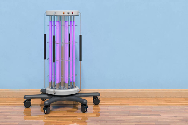 Lámpara de desinfección UV ultravioleta en la habitación cerca de la pared, representación 3D
 - Foto, Imagen