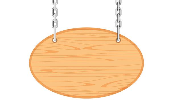 lege ovale houten ophangbord met ketting geïsoleerd op wit, houten plank voor opknoping borden kopieerruimte, houten plank voor teken kondigen alfabet en brief bericht, bordje hout opknoping teken ovale vorm - Vector, afbeelding