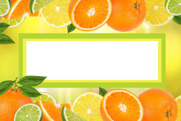 フルーツフレーム、柑橘系のフレーム、テキストの背景スペース。夏のカード - 写真・画像