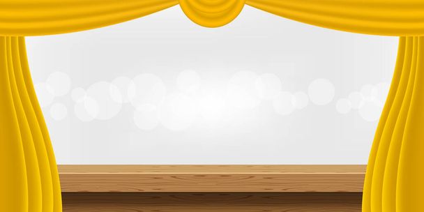 Ξύλινο τραπέζι και πολυτελείς κίτρινες χρυσές κουρτίνες για διαφημιστική προβολή προϊόντων, ξύλινη επιτραπέζια διακόσμηση με κουρτίνα, ξύλινες σανίδες για banner copy space text, επιτραπέζια εμπρόσθια όψη για διαφήμιση banner - Διάνυσμα, εικόνα