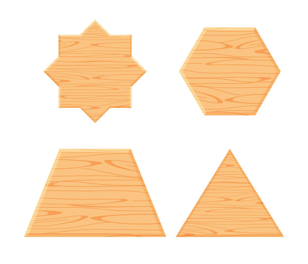 wooden plank different collection isolated on white background, wooden eight pointed star, trapezoid wood shaped plank dark brown, wooden triangular pyramid panel, hexagon wood shape - Vector, Image