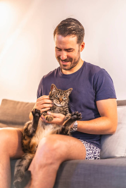 A young dark-haired Caucasian man in a blue T-shirt and shorts playing at home with his beautiful gray and white domestic cat. The cat man's best friend. Stroking the pretty cat - Valokuva, kuva