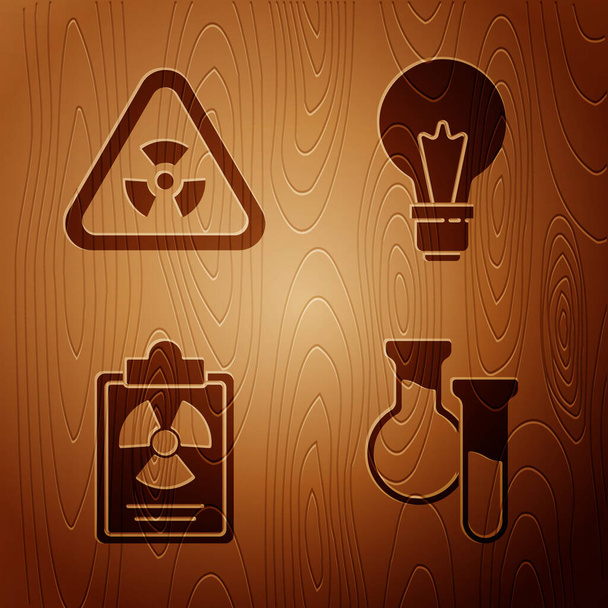 Set Test tube and flask, Triangle with radiation, Radiation warning document and Light bulb with concept of idea on wooden background. Vector. - Vector, Image
