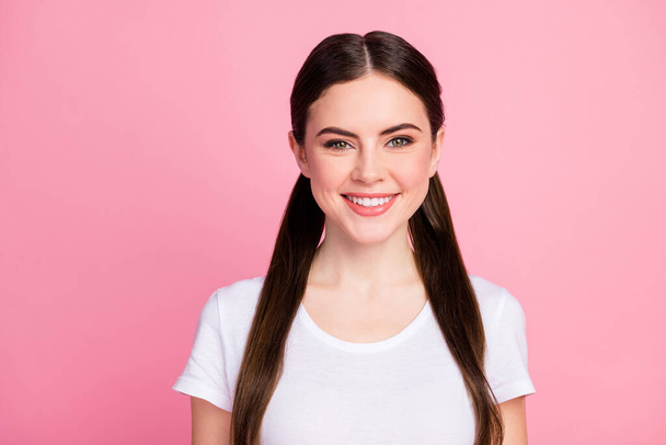 Close-up portrait of her she nice-looking attractive lovely pretty lovable cute winsome cheerful cheery girl isolated over pink pastel color background - Foto, afbeelding