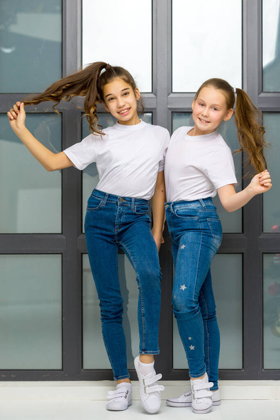 Two cute little girls posing in the studio near a large window. - Φωτογραφία, εικόνα