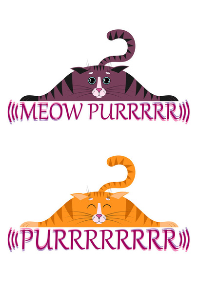 かわいい漫画のストライプの赤い猫、目を閉じた子猫は、側面に広がっている足で平らな表面に位置しています。碑文Meow Purrと.2つのデザインオプション。ベクトル絶縁 - ベクター画像