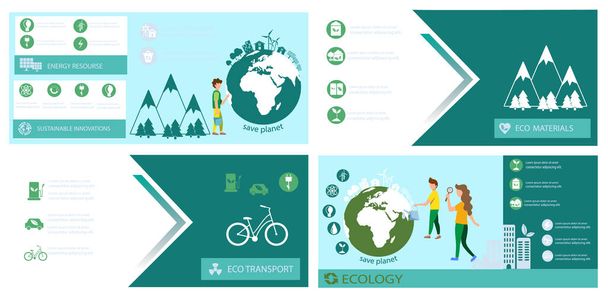 Ecology banner set template Vector. Earth, energy, Eco transport and sustainable materials. Green info graphic icons - Vector, Image