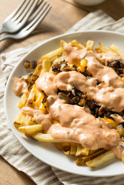 Homemade Fried Animal Cheese French Fries with Onions and Dressing - Фото, зображення