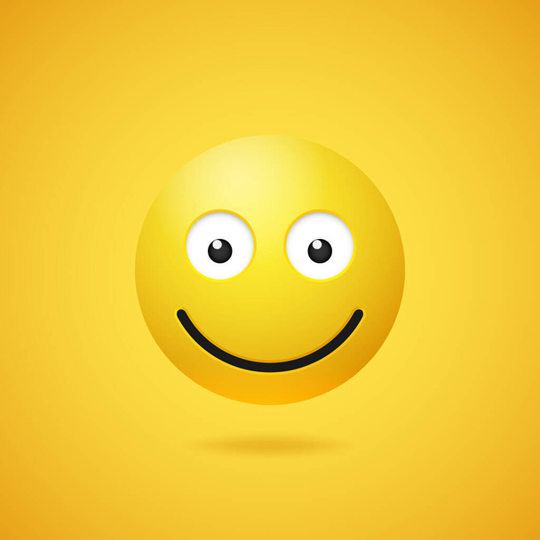 Happy smiling emoticon with opened eyes and mouth on yellow gradient background. Vector funny yellow cartoon Emoji icon. 3D illustration for chat or message. - Vector, Image