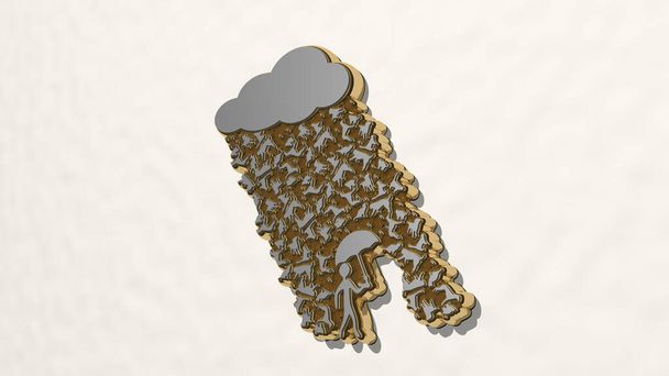raining animals and man with umbrella on the wall. 3D illustration of metallic sculpture over a white background with mild texture. cloud and beautiful - Photo, Image