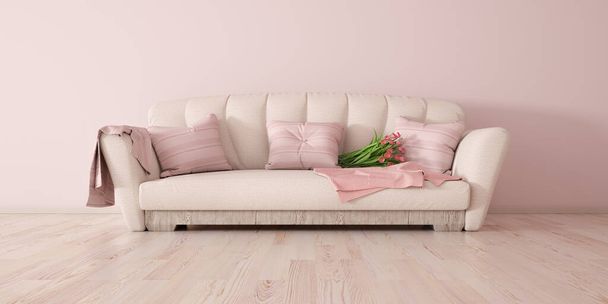 Λευκός καναπές, εσωτερικός σχεδιασμός σύγχρονου σαλονιού με καναπέ, ροζ μαξιλάρι και καρό, 3d rendering - Φωτογραφία, εικόνα