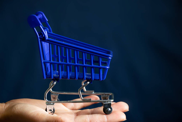 supermarket trolley blue and hand on a isolated background - Фото, изображение