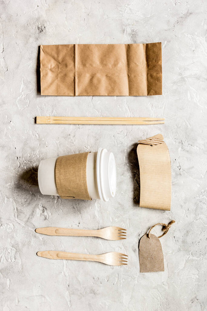 paper bags and plastic cup for take away set top view space for text - Foto, afbeelding