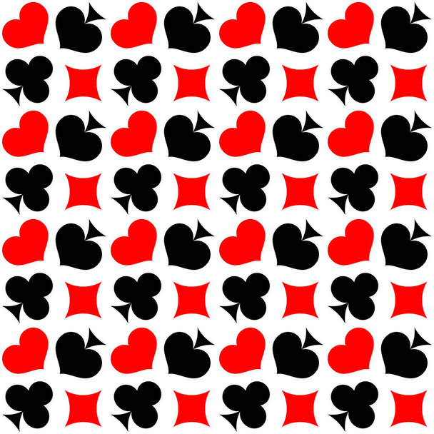 Seamless pattern with card suits. red and black vector icons on white background. Diamonds and hearts, spades and clubs. - Vector, Image