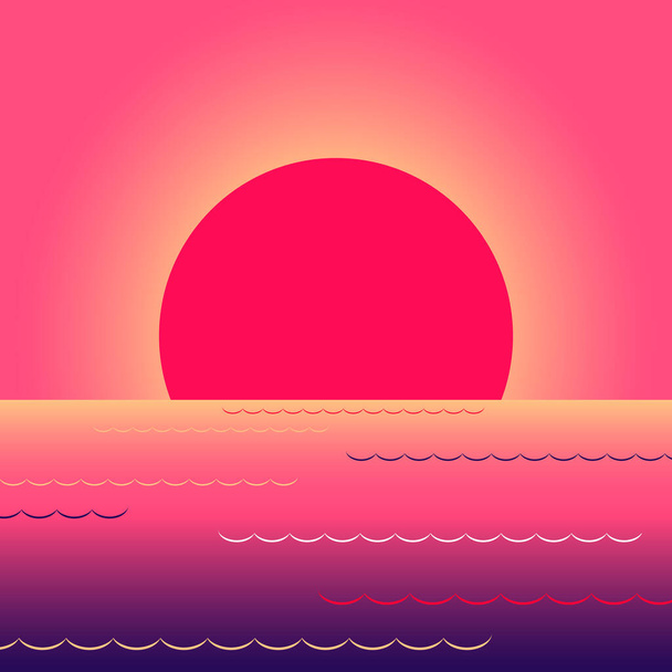 Sunset on the sea or ocean. The large crimson sun sets on the water. Tropical paradise. Vector flat illustration. - Vector, afbeelding