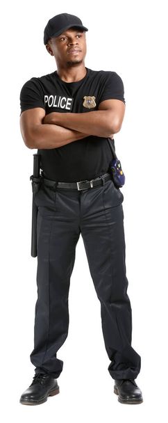 Agressieve Afro-Amerikaanse politieagent op witte achtergrond - Foto, afbeelding