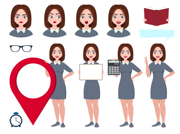 office set. cute girl, office worker holds different items. various female emotions. vector illustration. Cartoon character. - Vector, imagen
