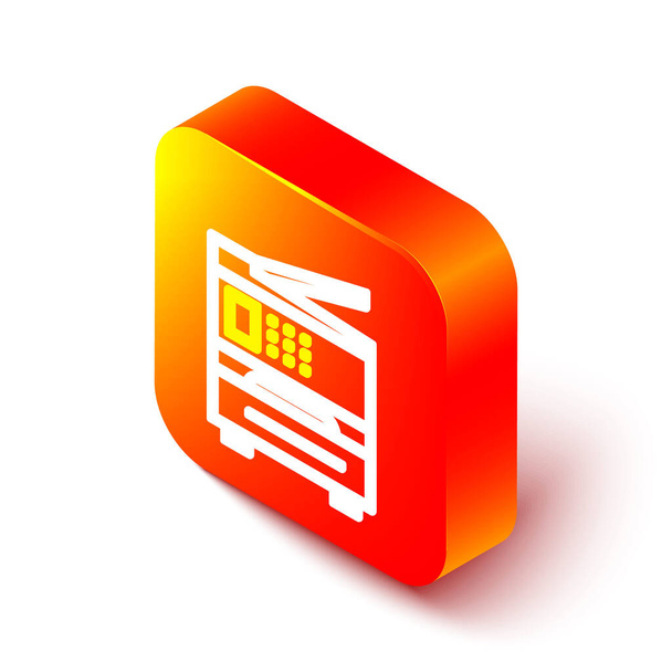 Isometrische Linie Druckersymbol auf weißem Hintergrund isoliert. Orangefarbene quadratische Taste. Vektorillustration. - Vektor, Bild