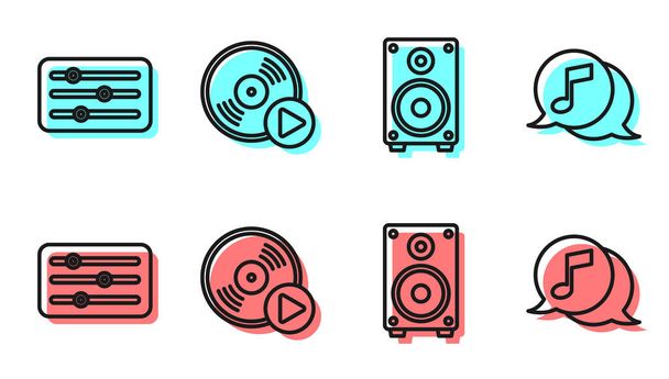 Set line Stereo speaker, Sound mixer controller, Vinyl disk and Musical note in speech bubble icon. Vector. - Vector, Image