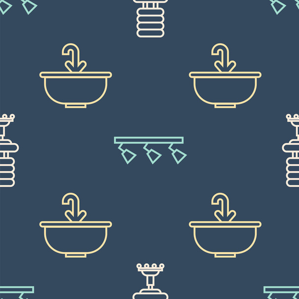 Set line Office chair, Washbasin with water tap and Led track lights and lamps on seamless pattern. Vector. - Vektor, kép