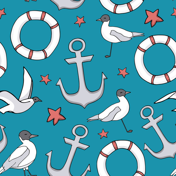 Marine seamless pattern. Seaguls, anchor and lifebuoys on blue background. Summer trip, adventures. Cartoon cute vector illustration for kids, textile, print, cover, decoration - Vector, Image