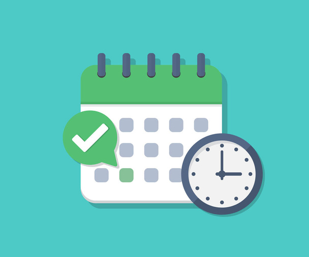 Prazo de calendário com verificação e relógio em um design plano
 - Vetor, Imagem