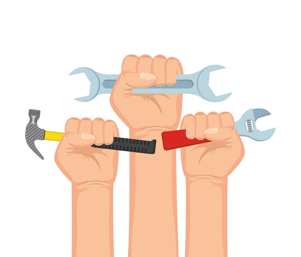 manos con herramientas equipo de construcción conjunto iconos
 - Vector, Imagen