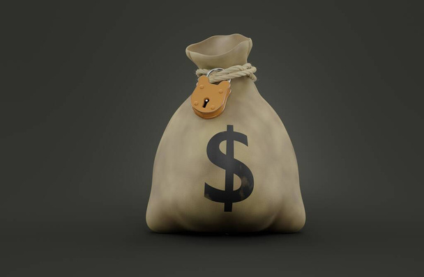 Τσάντα χρημάτων με σύμβολο δολαρίου σε γκρι φόντο. 3D εικονογράφηση - Φωτογραφία, εικόνα