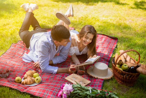 Kırsalda piknik yaparken birlikte kitap okuyan mutlu evli çift. - Fotoğraf, Görsel