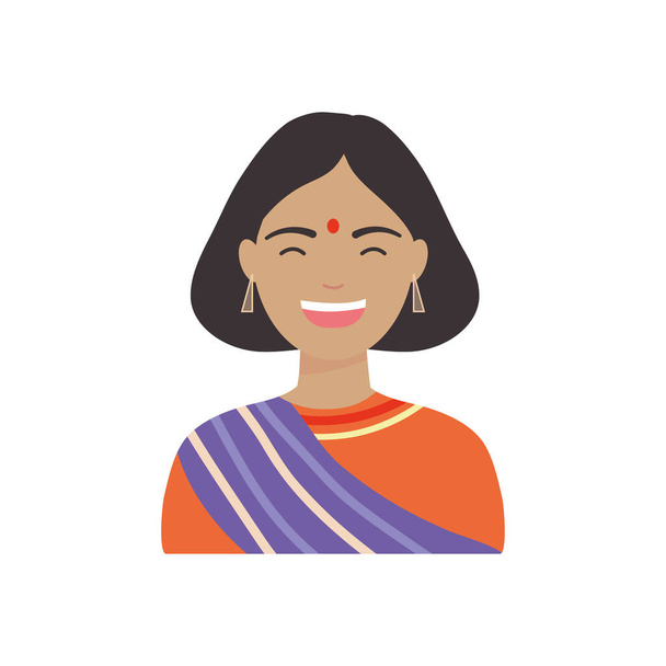 rajzfilmes hindu lány mosolygós ikon, lapos stílus - Vektor, kép