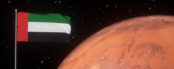 Illustration zum Konzept der Emirates Mars Mission. Flagge der Vereinigten Arabischen Emirate auf dem Mars - Foto, Bild