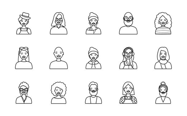 Glatzkopf und Vielfalt Menschen Icon Set, Linienstil - Vektor, Bild
