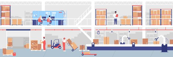 Insieme di illustrazione vettoriale del processo di consegna del magazzino, lavoratori piatti del fumetto o ingegneri che lavorano con attrezzature di carico e linea di trasporto - Vettoriali, immagini