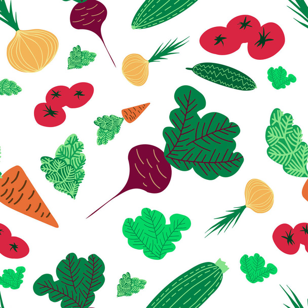 Vector seamless colorful pattern with tasty eco friendly vegetables and salad.  - Vector, Image