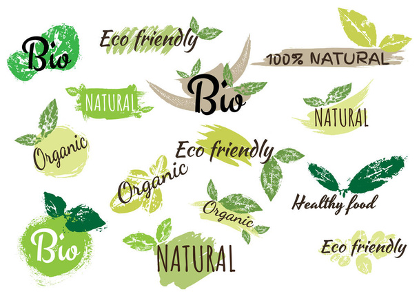 Ekologické potraviny, čerstvé a přírodní produkty ikony a prvky sbírka pro potravinářský trh. - Vektor, obrázek